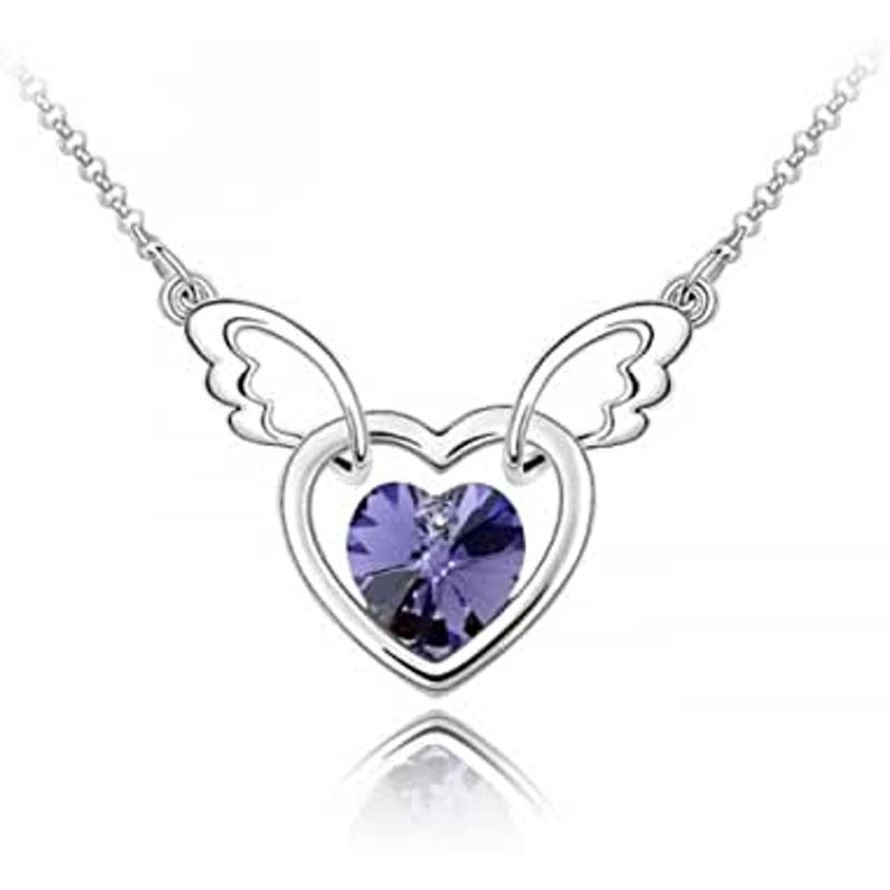 Imitation Purple Amethyst Cubic Zirconia Angel Wings Heart Necklace Gift Box